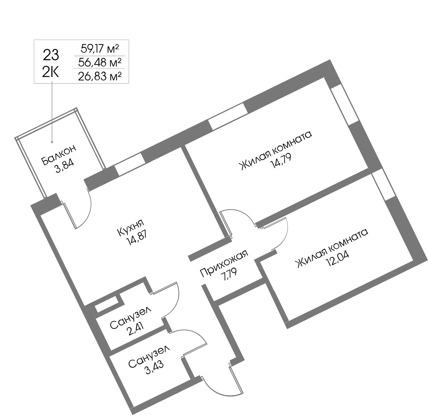 Планировка 2-комнатная 56,5 м² в ЖК «Рощино Резиденс» — Рощино Резиденс