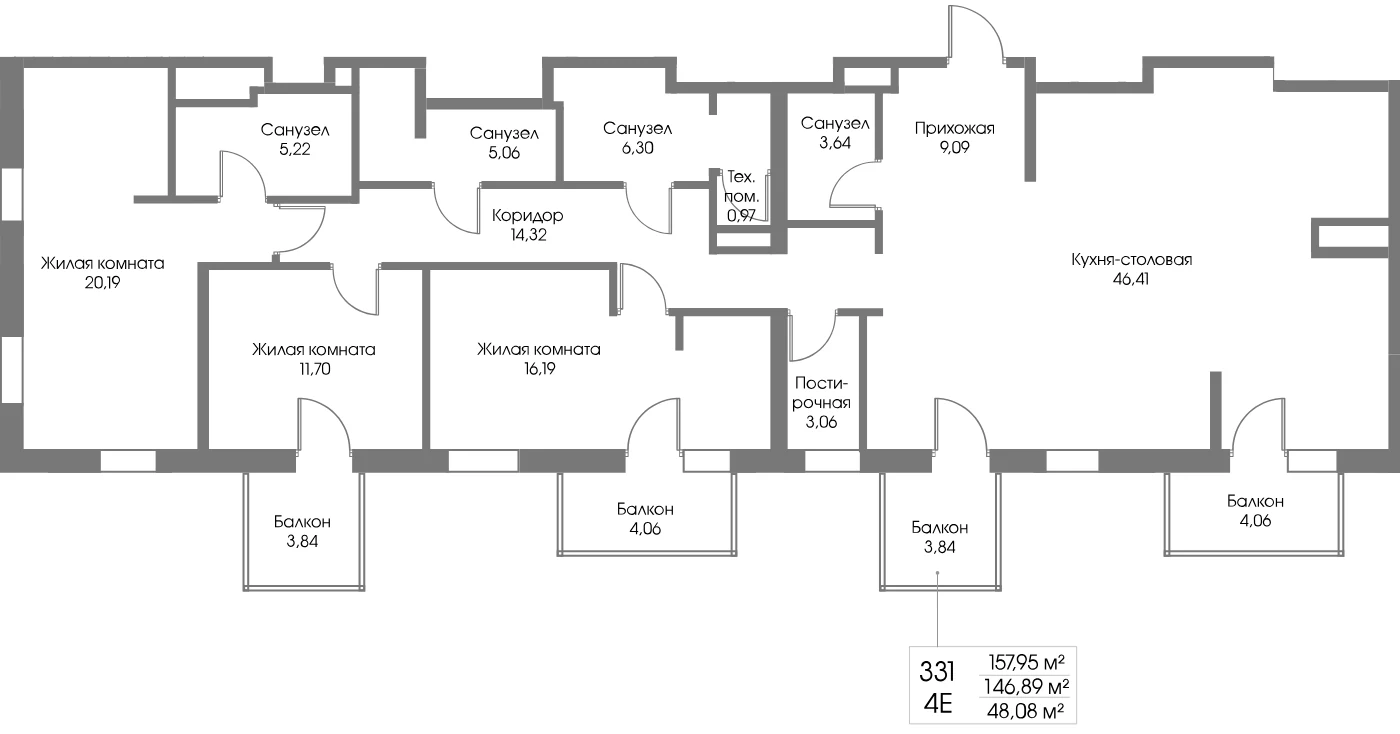Планировка 3-комнатная 146,9 м² в ЖК «Рощино Резиденс» — Рощино Резиденс