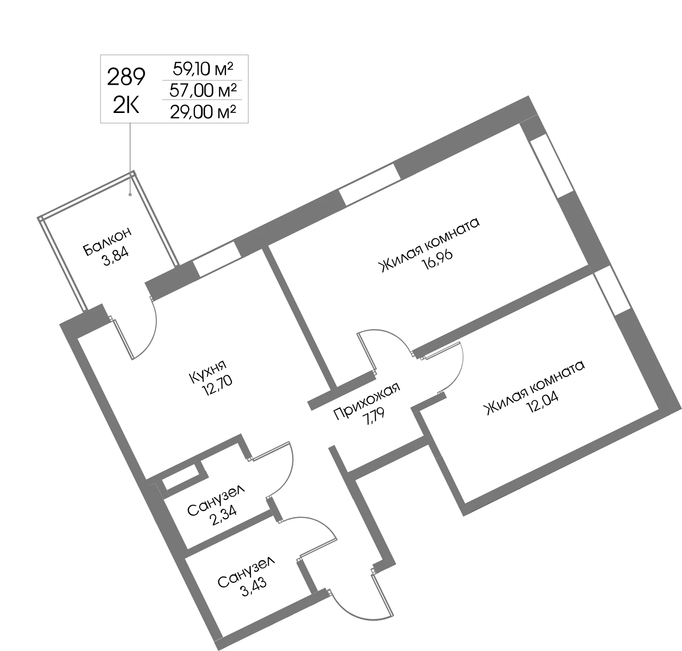 Планировка 2-комнатная 56,4 м² в ЖК «Рощино Резиденс» — Рощино Резиденс
