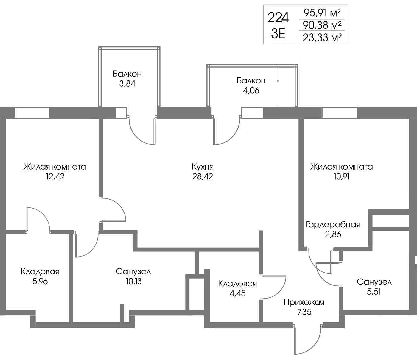 Планировка 2-комнатная 90,4 м² в ЖК «Рощино Резиденс» — Рощино Резиденс