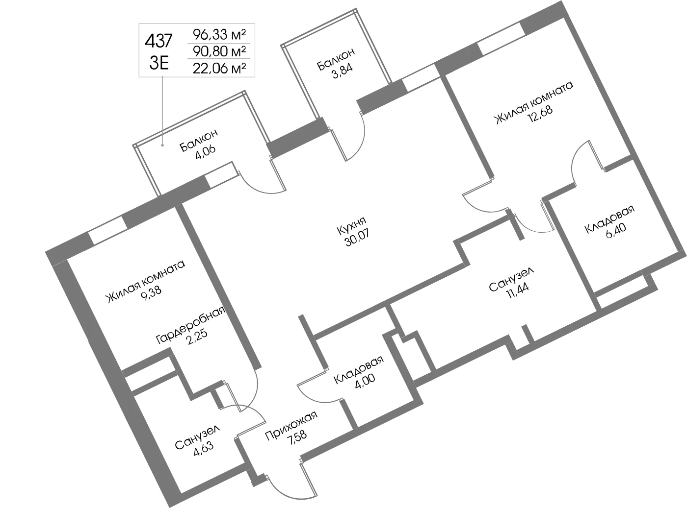 Планировка 2-комнатная 90,8 м² в ЖК «Рощино Резиденс» — Рощино Резиденс
