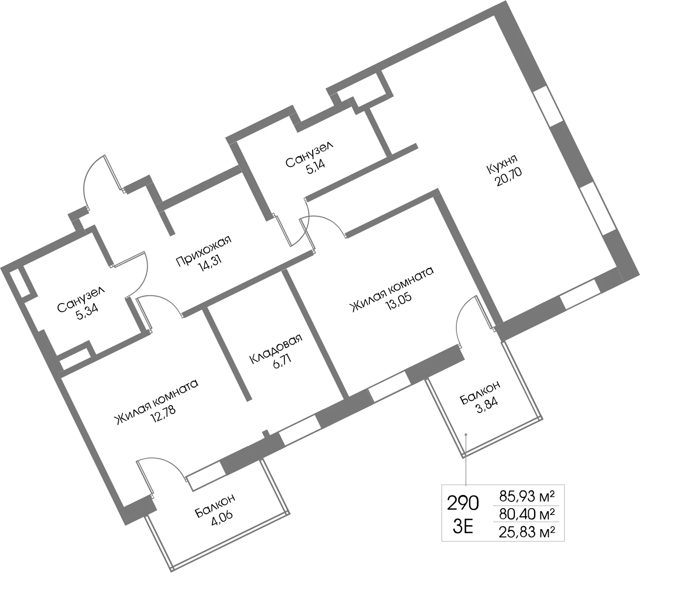Планировка 2-комнатная 80,4 м² в ЖК «Рощино Резиденс» — Рощино Резиденс