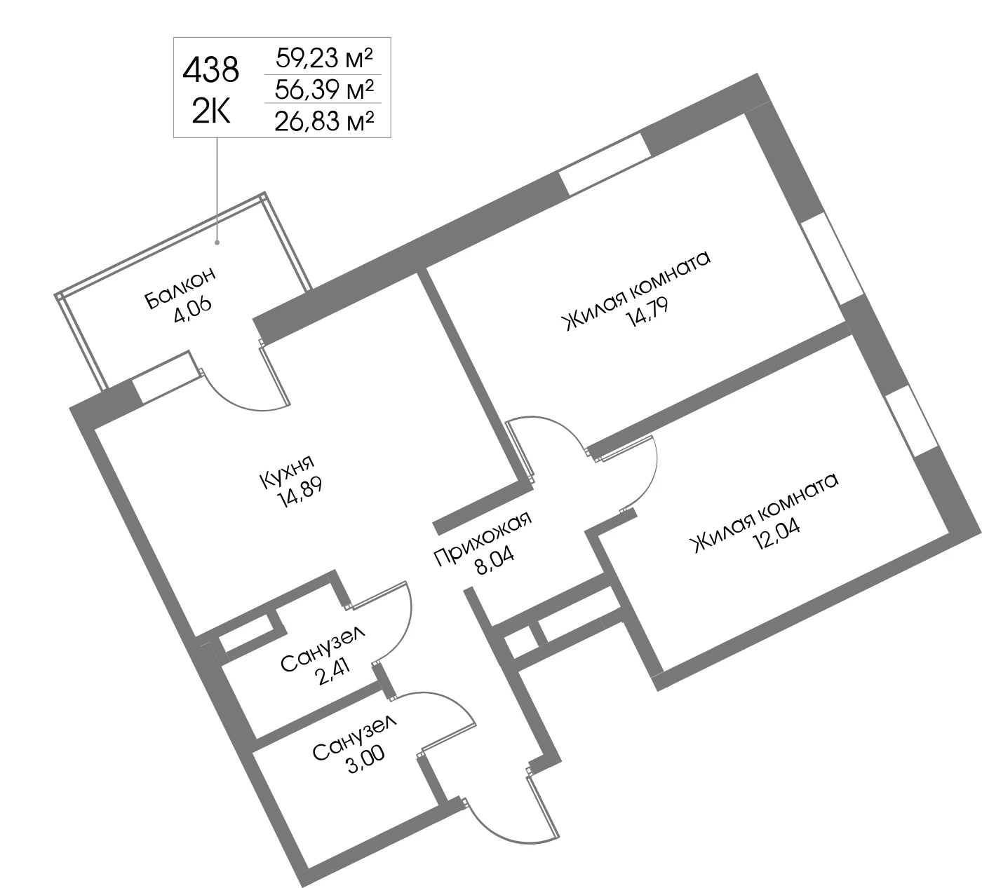 Планировка 2-комнатная 56,4 м² в ЖК «Рощино Резиденс» — Рощино Резиденс