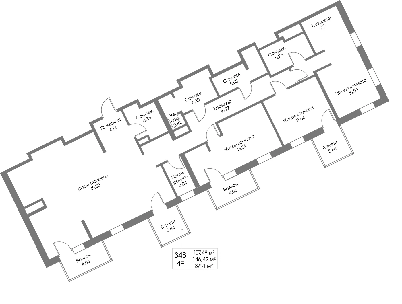 Планировка 3-комнатная 146,4 м² в ЖК «Рощино Резиденс» — Рощино Резиденс