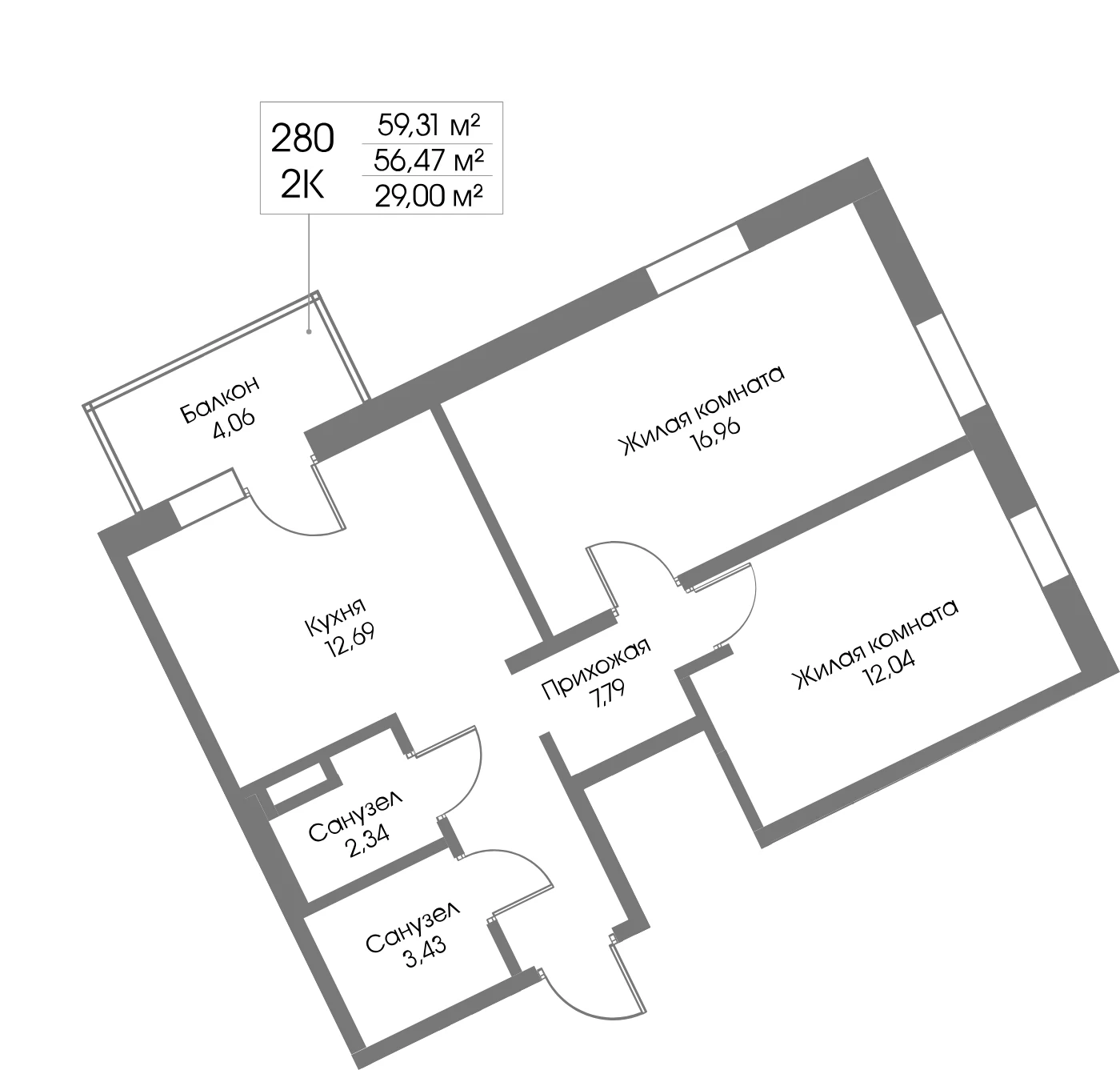 Планировка 2-комнатная 56,5 м² в ЖК «Рощино Резиденс» — Рощино Резиденс