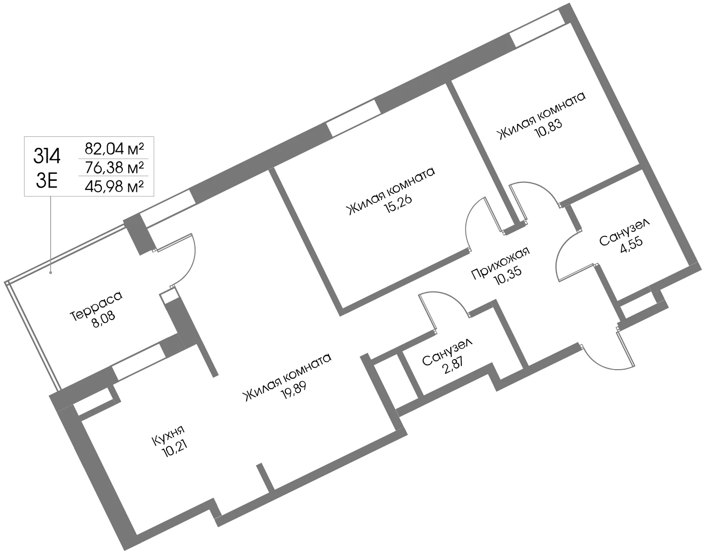Планировка 3-комнатная 76,4 м² в ЖК «Рощино Резиденс» — Рощино Резиденс