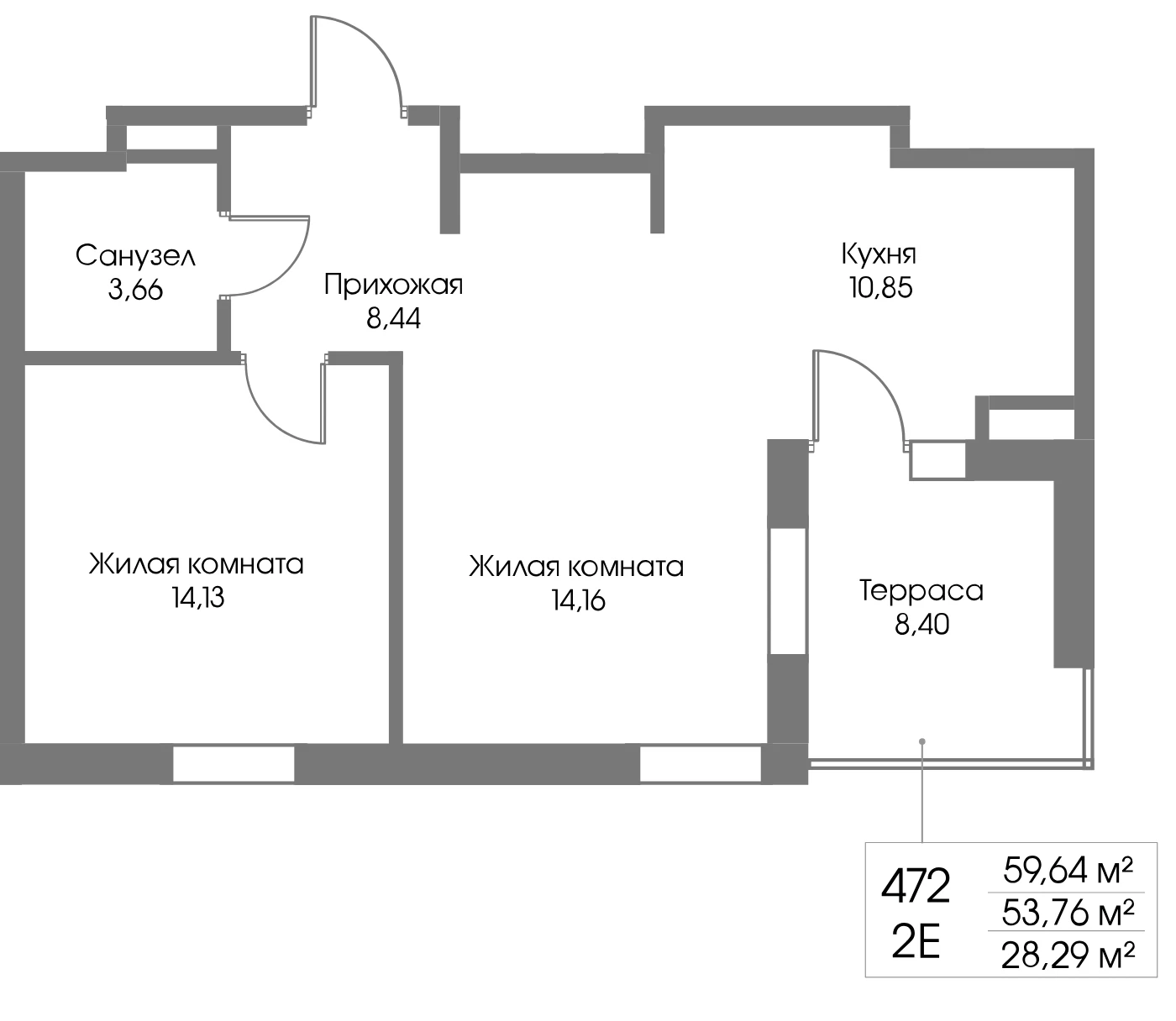 Планировка 2-комнатная 53,8 м² в ЖК «Рощино Резиденс» — Рощино Резиденс