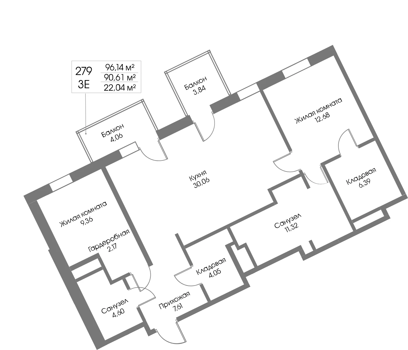 Планировка 2-комнатная 90,6 м² в ЖК «Рощино Резиденс» — Рощино Резиденс