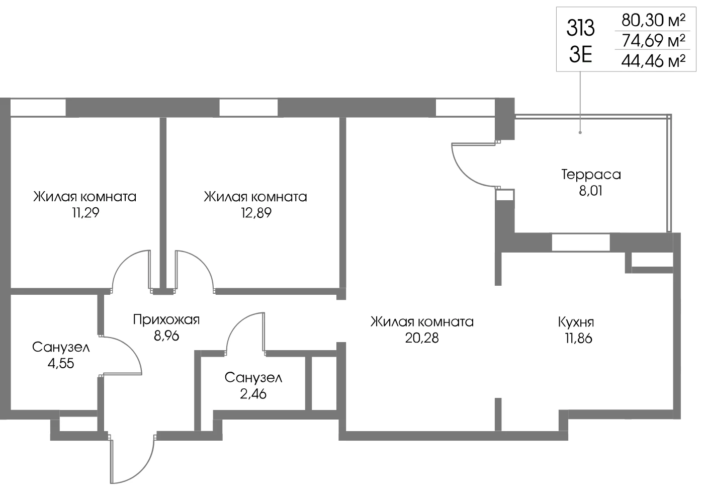Планировка 3-комнатная 74,7 м² в ЖК «Рощино Резиденс» — Рощино Резиденс