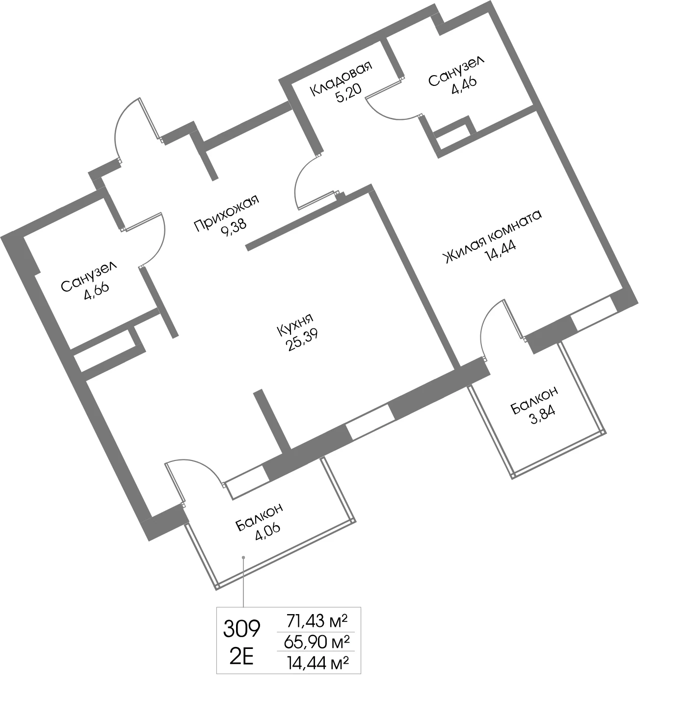 Планировка 1-комнатная 65,9 м² в ЖК «Рощино Резиденс» — Рощино Резиденс