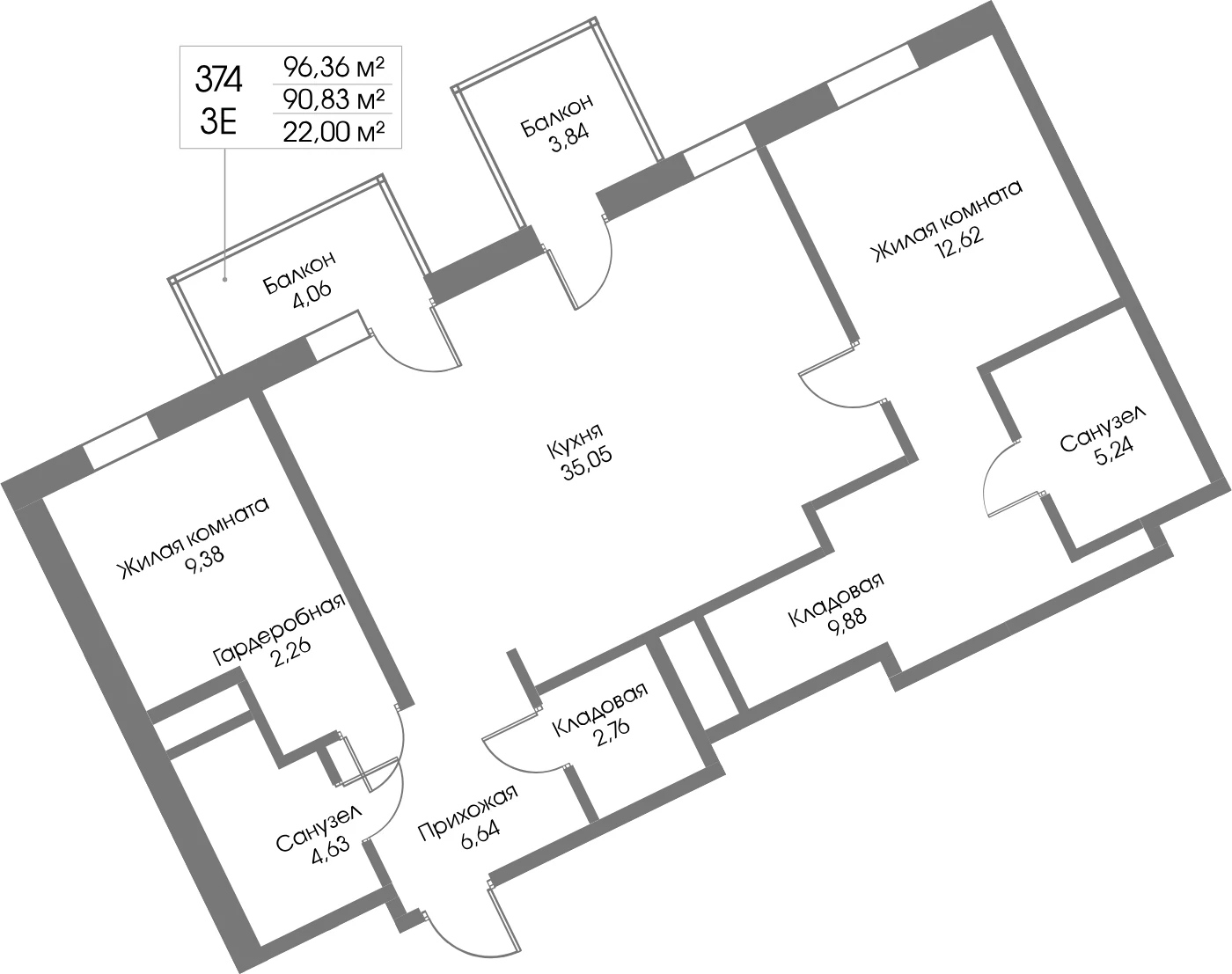 Планировка 2-комнатная 90,8 м² в ЖК «Рощино Резиденс» — Рощино Резиденс