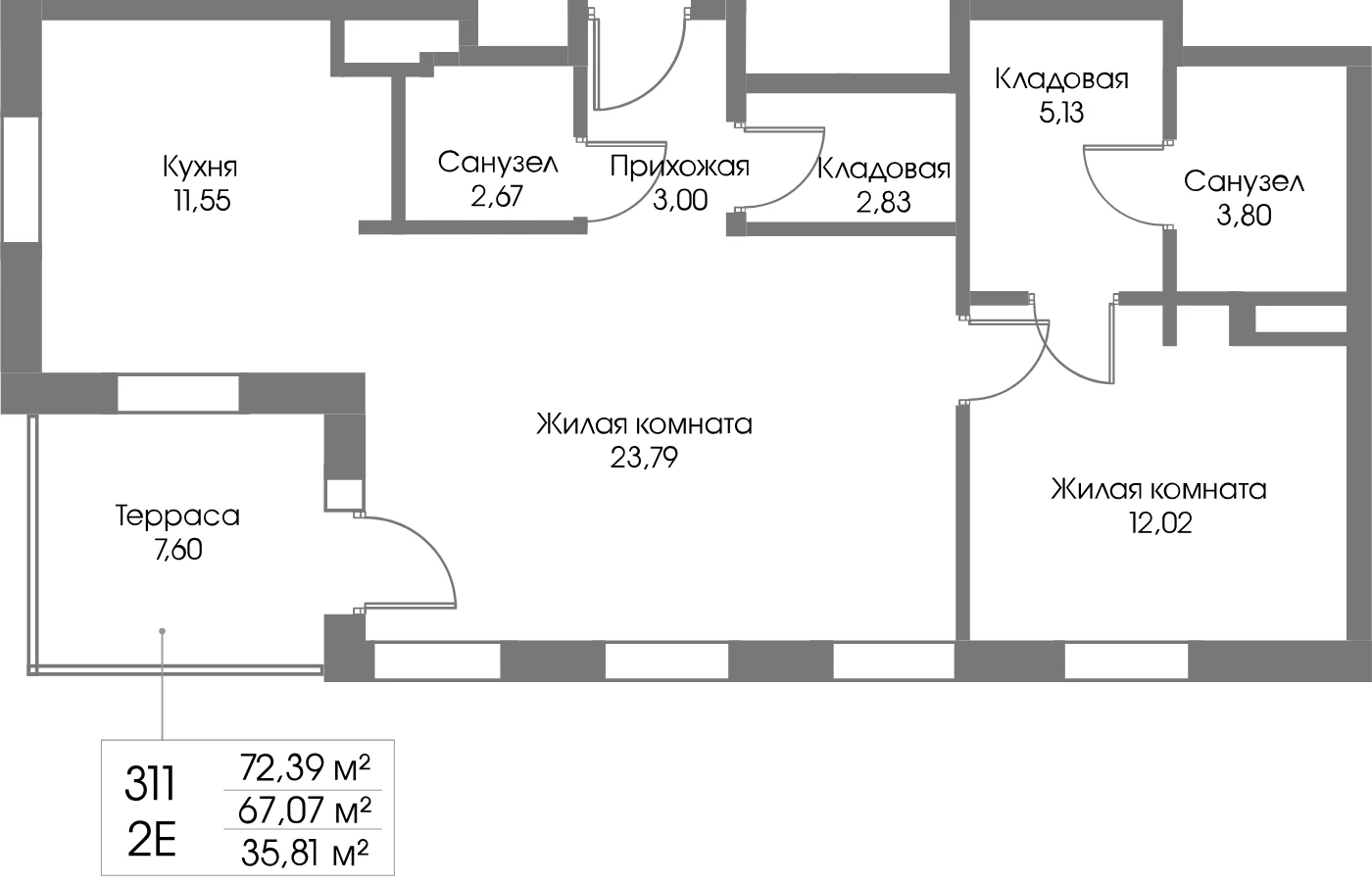 Планировка 2-комнатная 67,1 м² в ЖК «Рощино Резиденс» — Рощино Резиденс