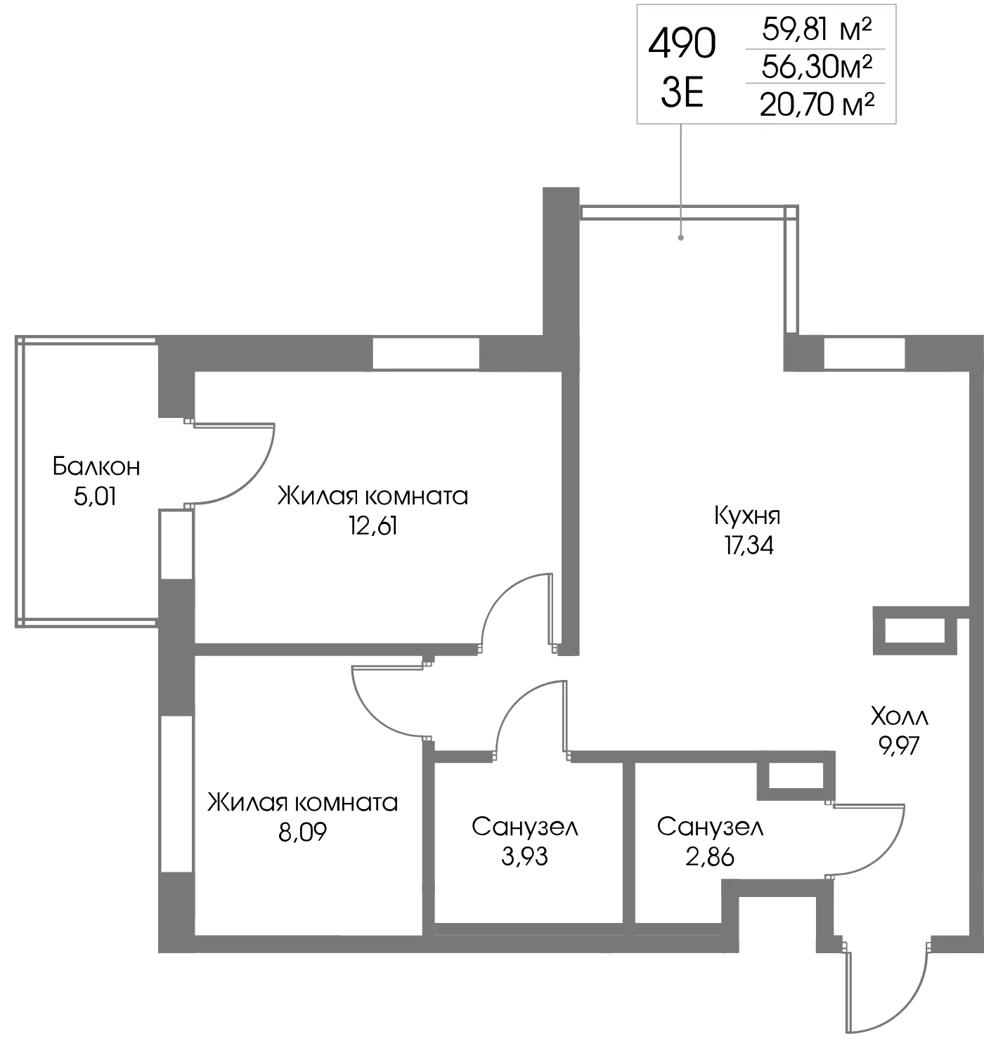 Планировка 2-комнатная 56,3 м² в ЖК «Рощино Резиденс» — Рощино Резиденс