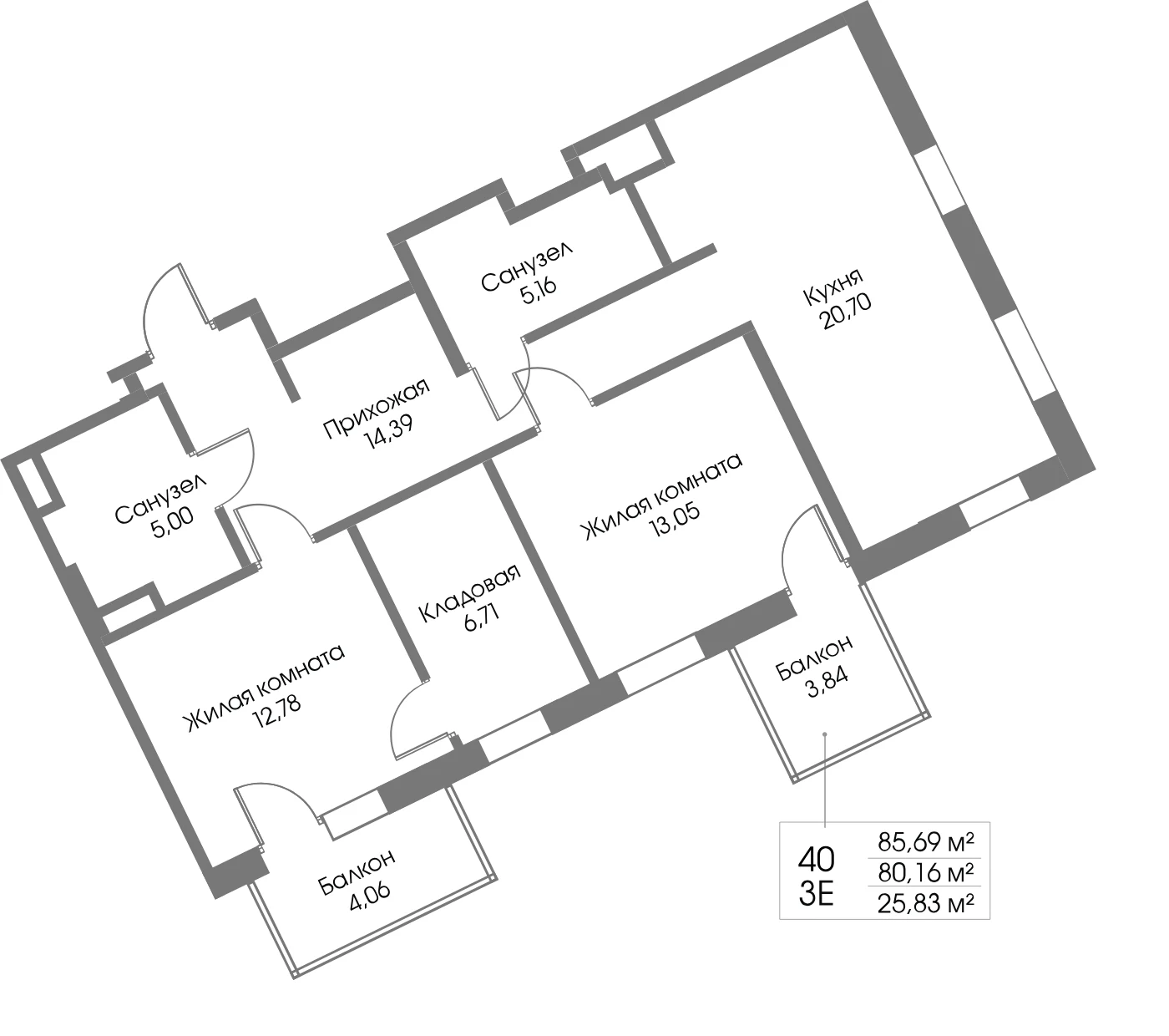 Планировка 2-комнатная 80,2 м² в ЖК «Рощино Резиденс» — Рощино Резиденс